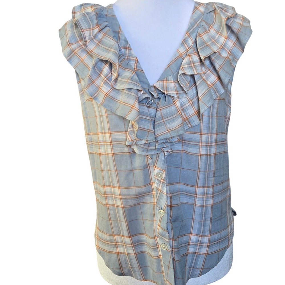 Veronica Beard Jeans Womens Blue Orange Plaid Ruffle V-Neck Top J2205SH201 XS